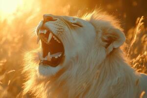 White lion roaring showing teeth at golden sunset photo