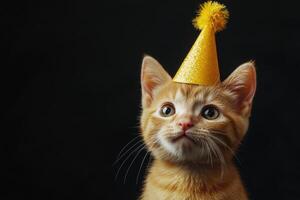 Ginger kitten wearing a golden party hat on black background photo