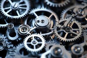 Interlocking metal gears rotating smoothly in complex mechanism photo
