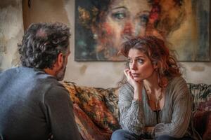 Woman listening to man talking on sofa in bohemian style room photo