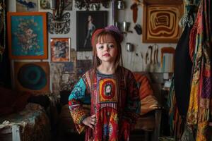 Portrait of young girl with down syndrome posing in bohemian style room photo