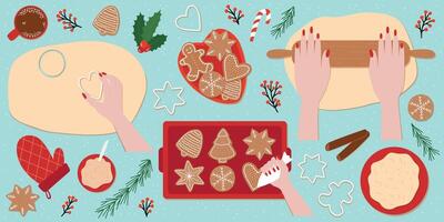 Gingerbread cookies making set. Flat set of hands rolling out dough and decorating cookies with sugar glaze vector