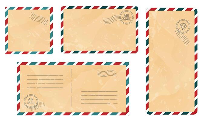 Set of Vintage Postcard Templates with Texture, Blank Postal Card, Border, Airmail, Stripes