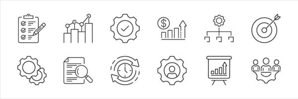 set of project management thin line icon. business, teamwork, analysis, planning, development, target, marketing, time management icon collections vector