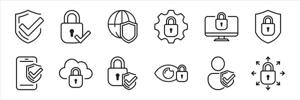 set of security thin line icon. containing protection, safety, data, guard, lock, access, cyber collections vector
