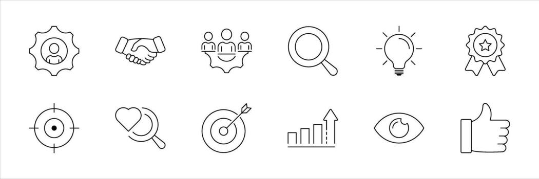 set of core values icon. goals, innovation, teamwork, quality icon. editable stroke core values icon vector