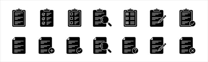 set of paper document and clipboard icon. quality control, checklist, clipboard document page with check mark, magnifier, pencil icon vector