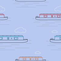 Editable Various Colors Side View Outlin Narrow Boat Vectorized Illustration with Clouds Seamless Pattern for Creating Background of Recreation Transportation of United Kingdom or Europe Related vector