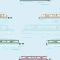 Editable Outline Style Side View Narrow Boat Vectorized Illustration With Water Waves Seamless Pattern for Creating Background of Transportation or Recreation of United Kingdom or Europe vector