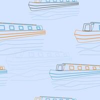 Editable Three-Quarter Oblique View Narrow Boat Vectorized Illustration in Outline Style Seamless Pattern for Creating Background of Transportation or Recreation of United Kingdom or Europe vector