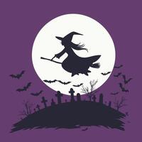 Halloween witch flying over graveyard with bats and moon vector