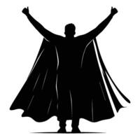 Silhouette of a superhero with cape and hands up vector