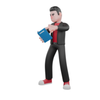 Dance Performer Character in 3D. a male choreographer stands facing right with his right hand holding a book and his left hand pointing to the book. Choreographer Design png