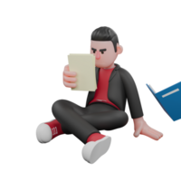 3D Animated Dance Artist. a male choreographer sits cross-legged with his right hand holding a paper and his left hand as if he wants to take a book. Choreographer Cartoon png