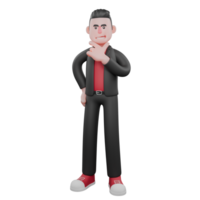 3D Choreographer Cartoon Performer. A male choreographer stands with his right hand on his waist and his left hand on his chin, with a thoughtful expression. Dance Artist png