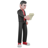 Cartoon Dance Performer. A male choreographer stands while looking at a sheet of paper in his right hand. 3D Choreographer Character png