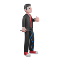 Dance Creator in 3D. A male choreographer stands facing to the left while holding a stick with a blue rope. Choreographer Character png
