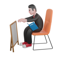 3d coreógrafo dança artista. uma masculino coreógrafo senta em uma cadeira com ambos mãos querendo para levar uma quadro-negro e dentro dele colo tem uma livro. desenho animado personagem png