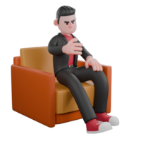 Dance Choreographer in Cartoon Style. a male choreographer sits on a sofa with his right hand in front of his body as if he is talking and his left hand is on his knee. 3D Performer png
