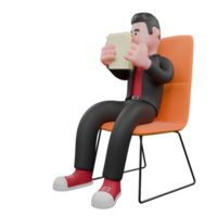 coreógrafo personagem dentro 3d modelo. uma masculino coreógrafo senta em uma cadeira com ambos mãos segurando uma papel enquanto dele olhos Veja às a papel ele é carregando. dança Estrela png
