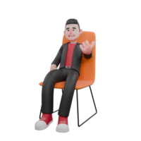 Dance Performer Cartoon in 3D. a male choreographer sits on a chair with one hand forward, a wide smiling expression. Choreographer Model png