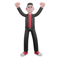 3D Model of Cartoon Dance Choreographer. a male choreographer stands with both hands in the air while clenching with a happy expression. Performer png