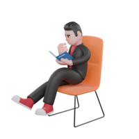 3D Choreographer Character. A male choreographer sits facing right while reading a book that held. Animated Dance Performer png