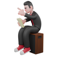 3D Dance Artist Character. a male choreographer sits on a speaker with his right hand holding a paper and his left hand pointing up. Cartoon Choreographer png