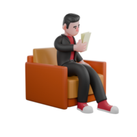 3D Choreographer Model. a male choreographer sits on a sofa while carrying some papers in his right hand with a serious expression. Animated Dance Artist png