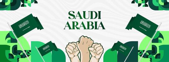 Saudi Arabia geometric banner with hands raised in enthusiasm vector