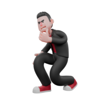3D Choreographer Character Design. A male choreographer squats with his right hand on his thigh, and his left hand on his chin. Dance Performer png