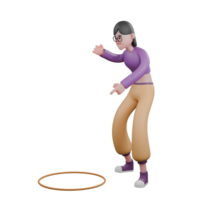 3D Cartoon Dancing Star Model. A female dancer stands behind a hoop toy with her left hand pointing down with a happy expression. Performer Character png