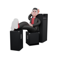 3D Model of Dance Choreographer Character. A male choreographer sits on a speaker with his right hand on his head, with a relaxed expression. Animated Artist png