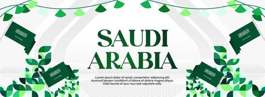 A geometric banner design featuring the Saudi Arabian flag on a white background, ideal for use on posters, invitation cards or major national events. vector