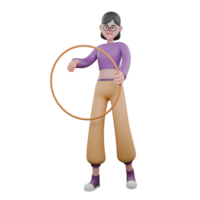 3D Animation Performer Design. A female dancer stands with her left hand holding a toy hoop then her right hand is raised as if she is about to start a game. Dance Artist png