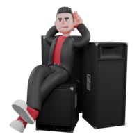 Choreographer Character in 3D Animation. A male choreographer sits at the speaker with his back against it and both hands above his head, with a relaxed expression. Dance Creator png