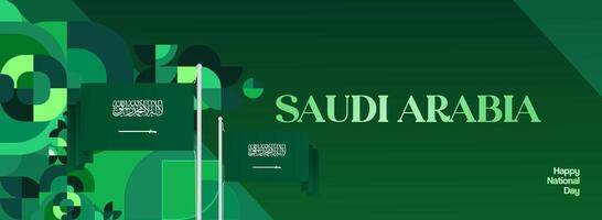 Wide banner template for Saudi Arabia Independence Day, using green geometric design with country flag, suitable for various public events and national festivals. vector
