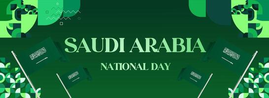 Saudi Arabia National Day banner template design with elegant green background, decorated with geometric elements and country flag, suitable for invitation cards and flyers. vector