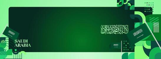 Green banner template with geometric design and Saudi Arabia flag, perfect for use in posters, invitation cards, or National Day events. vector