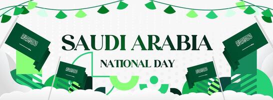 Horizontal banner design with modern geometric elements and white background, featuring Saudi Arabia flag for Independence Day celebration and other national events. vector