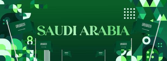 Wide banner template with modern and geometric design on green background, featuring Saudi Arabia flag, suitable for music events, festivals and National Day celebrations. vector
