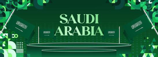 Wide banner with green geometric design and Saudi Arabia flag, ideal for event promotions, music festivals, and National Day advertisements. vector