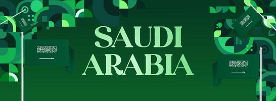 Banner template with green geometric design and Saudi Arabia flag, perfect for use on flyers, event posters, and National Day greeting cards. vector