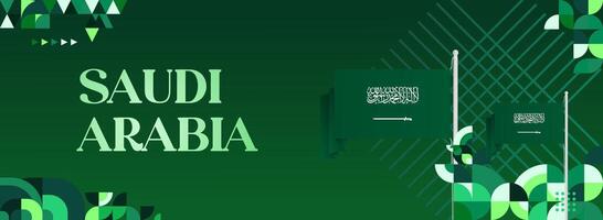 Saudi Arabia National Day banner with modern geometric elements on a green background, perfect for use on event posters, digital ads, and invitation cards. vector