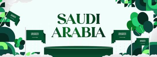 Wide banner with minimalist geometric design and Saudi Arabia flag, suitable for use for various types of national events, from festivals to public advertisements. vector