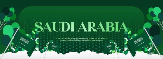 Wide banner with green background and geometric design, featuring Saudi Arabia flag, perfect for use in invitation cards and festival events. vector
