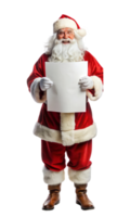Santa Claus is holding up a white sign and pointing directly at it. Transparent background png