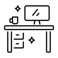 A linear icon of a clean desk with a computer and a mug vector