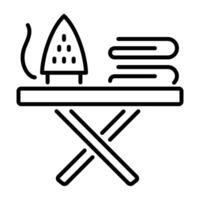 A linear icon of an ironing board with an iron and clothes vector