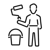 A linear icon of a person with a painting roller and bucket vector